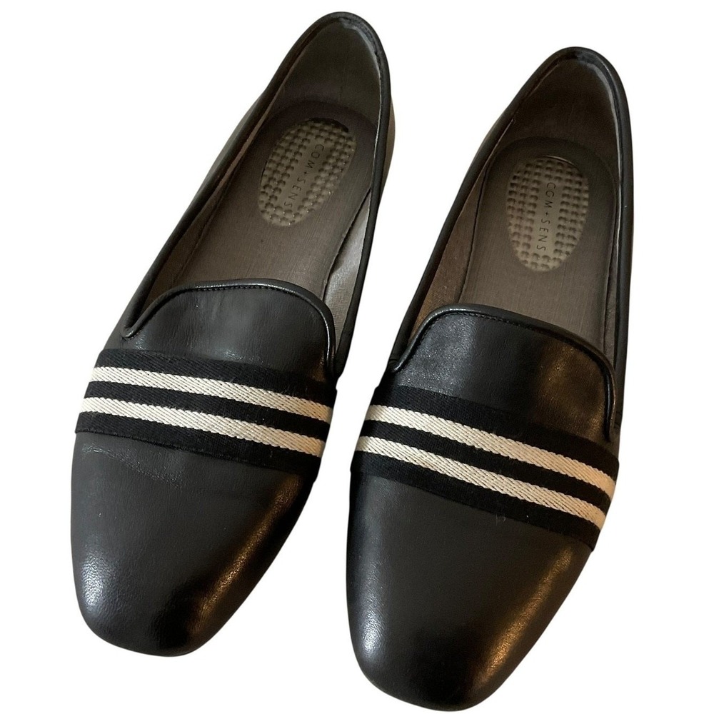COM+SENS‎ Black Leather Striped Loafer Flats Women's Size 7 Fashion Shoes